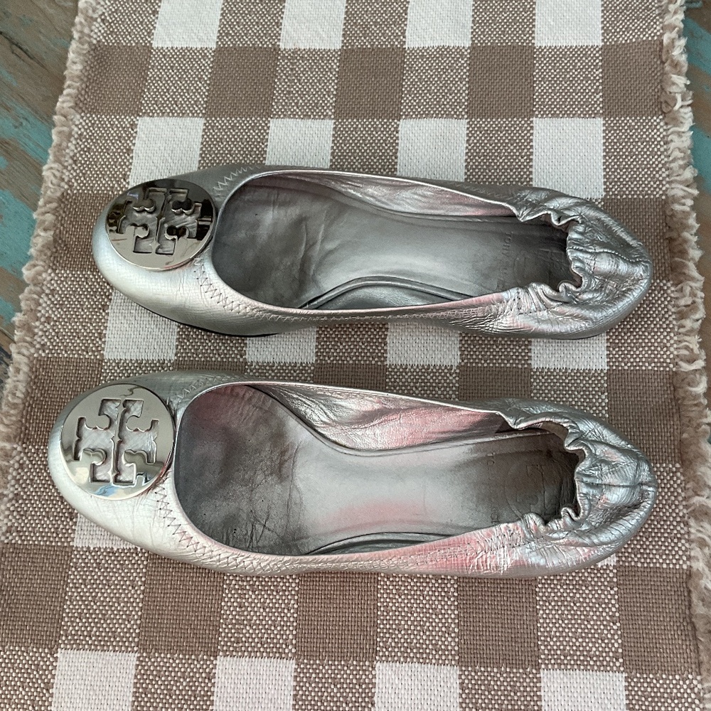 Tory Burch silver slippers
